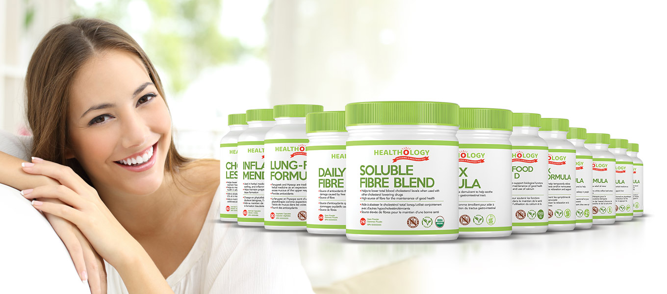 Healthology products with woman on the left