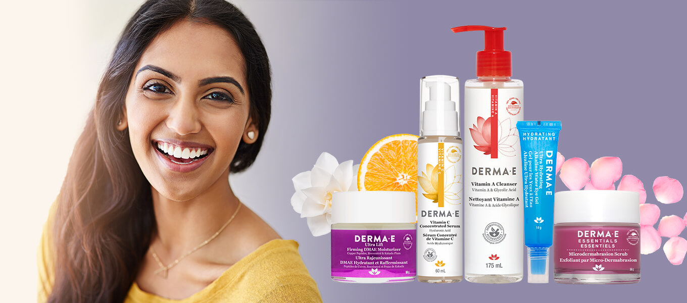 woman smiling and derma e products