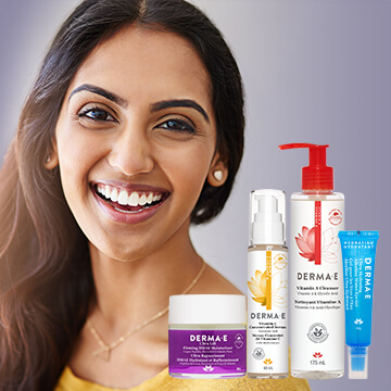 woman smiling and derma e products