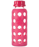 Lifefactory Glass Baby Bottle with Flat Cap and Silicone Sleeve Raspberry
