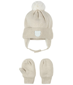 petit lem Knit Hat and Mitts Set Beige