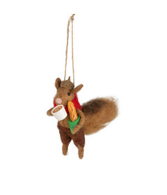 Silver Tree Felt Squirrel Ornament with Baguette, Coffee & Red Scarf