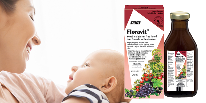 Salus Haus Floravit product with woman and baby