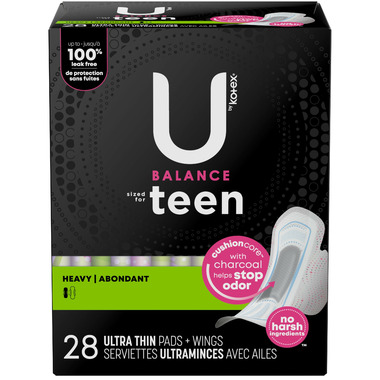 U by Kotex Teen Ultra Thin Feminine Pads with Wings, Extra Absorbency,  Unscented, 14 Count - 14 ea