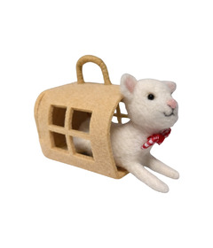 Silver Tree Felt Cat in Pet Carrier Ornament