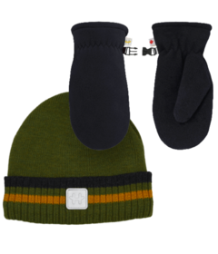 Hot Paws Olive Hat and Black Mittens Bundle