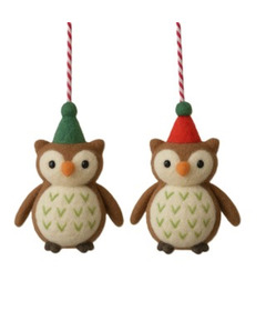Silver Tree Felt Owl Ornaments with Hats