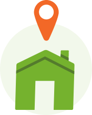 green house icon with map drop pin on top
