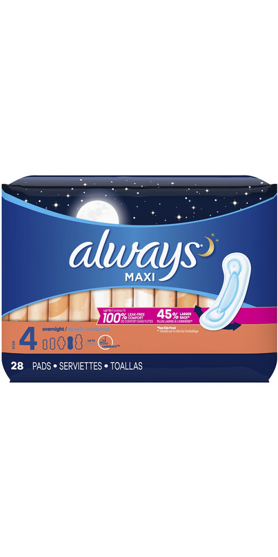 Always Maxi Size 4 Overnight Pads with Wings, Unscented, 33 Count :  : Health & Personal Care