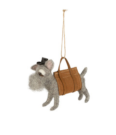 Silver Tree Felt Dog Ornament in Carrying Outfit with Hat