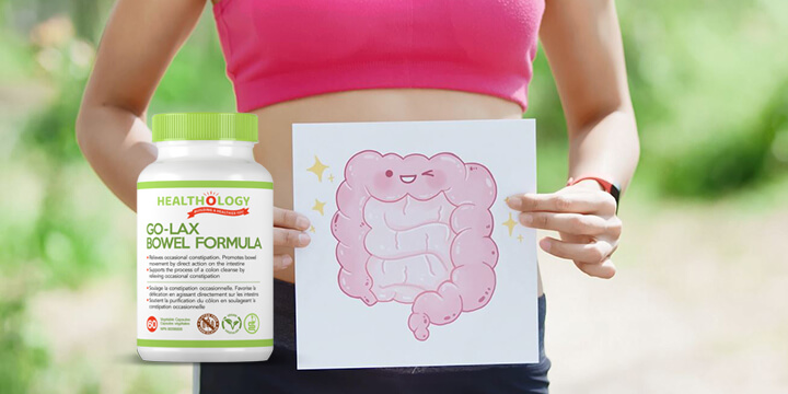 woman holding an illustration and Go-LAX Bowel Formula product
