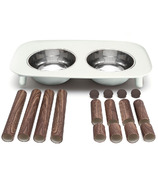 Messy Mutts Raised Double Feeder + Stainless Bowls Light Grey Wood
