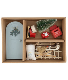 Silver Tree Miniature Christmas Scene Blue Doorway