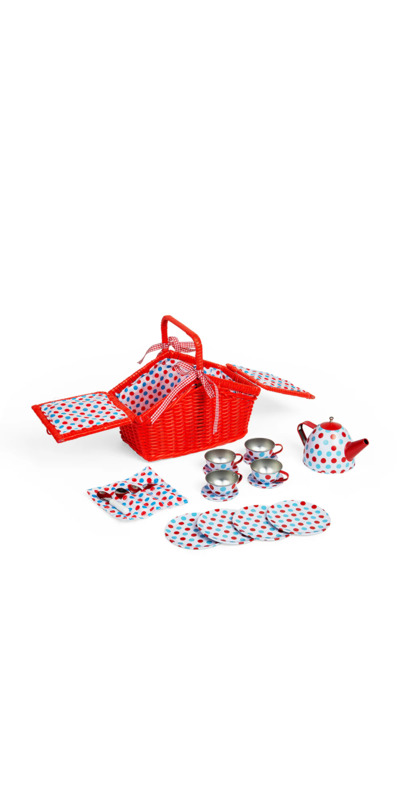 Service à Thé Jouet Bigjigs Toys - Panier Avec Théière, Tasses, Assiettes, Motif Pois, 3 Ans+