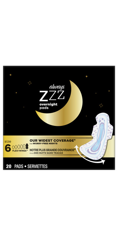 Always ZZZ Overnight Pads for Women Size 6 Unscented with Wings