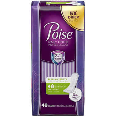 Poise Incontinence Liners, Long Length, Very Light Absorbency, 44