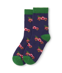 Hatley Little Blue House Kids Crew Socks Red Truck Hauling a Tree