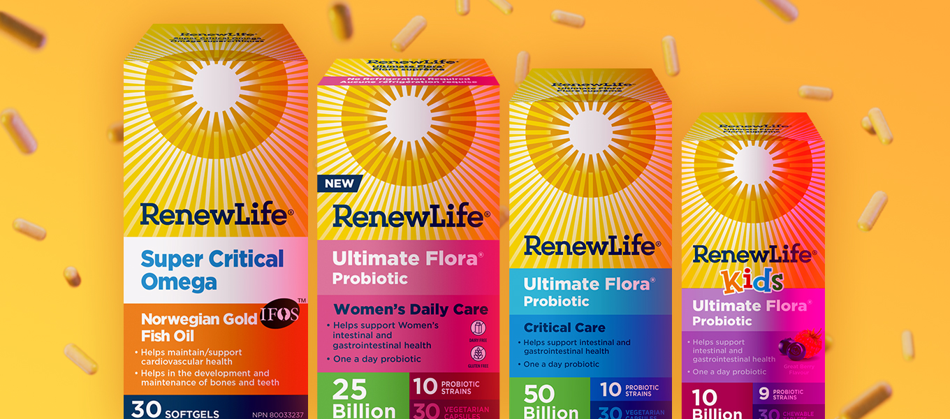 Produits Renew Life alignés avec confettis de pilules en arrière-plan