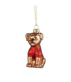 Silver Tree Glass Puppy Ornament with Sweater Tan and Red