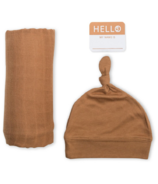 Lulujo Hello World Blanket & Knotted Hat Tan Brown