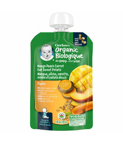 Purée de céréales biologique Gerber à l'avoine, à la mangue, à la pêche, aux carottes et à la patate douce