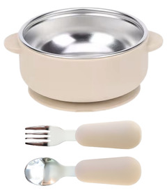 Baby Bliss Stainless Steel Bowl & Utensil Set Almond