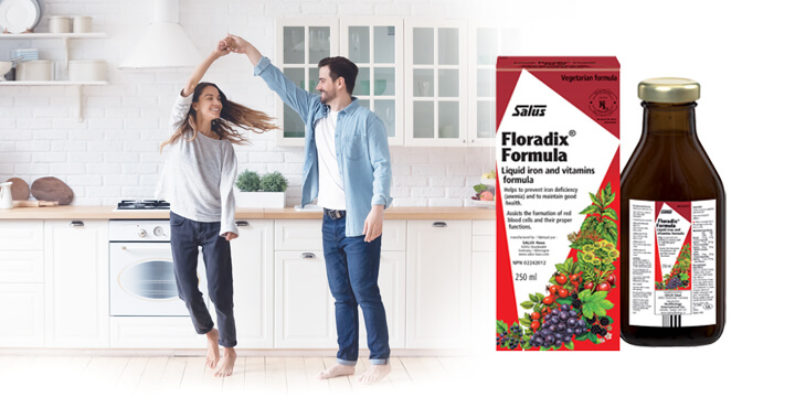 Salus Haus Floradix product with woman flexing arm on the left