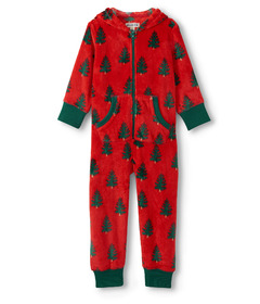 Hatley Little Blue House Kids Hooded Fleece Jumpsuit Trees On Red