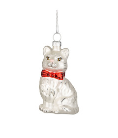 Silver Tree Glass Cat Ornament with Bow Tie