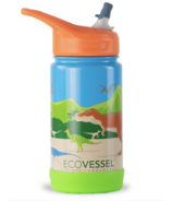 EcoVessel FROST Bouteille d'eau pour enfants en acier inoxydable avec paille et couvercle Dinosaure