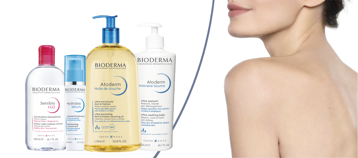 Les produits Bioderma avec la femme et ses shouders
