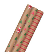 Papier d'emballage de Noël recyclable Hallmark avec pères Noël, arbres et rayures
