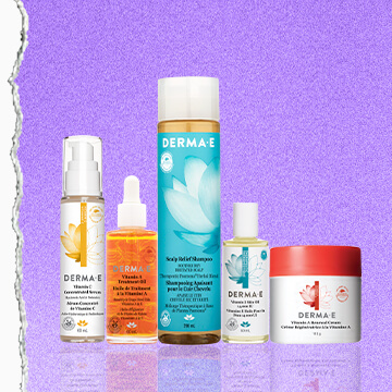 derma e products in purple background