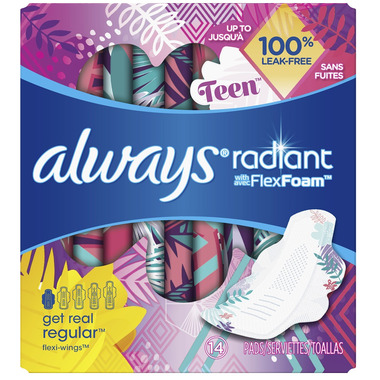 Always Radiant Teen Pads, Size 1, Regular, with Wings, Unscented