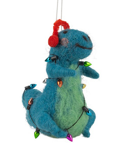 Dinosaure en feutre en feutre d’argent enveloppé de guirlandes lumineuses