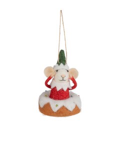 Silver Tree Felt Elf Mouse in Donut Ornament