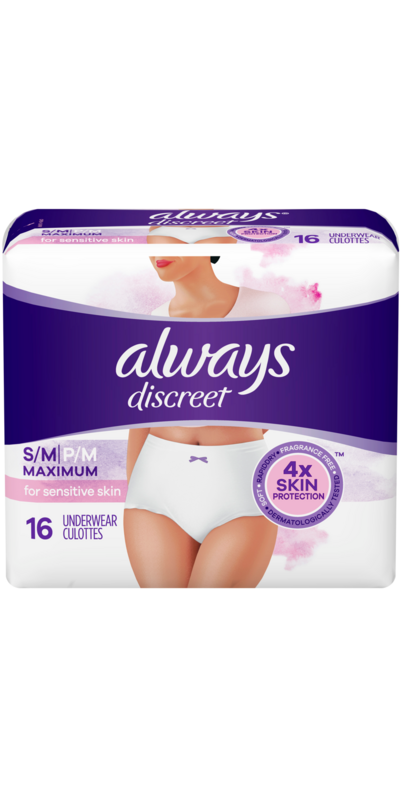 Always Discreet Underwear For Sensitive Skin Small-Medium, 16-pack