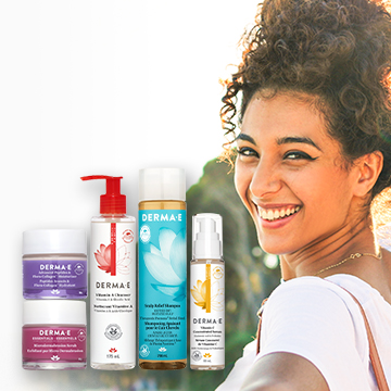 woman smiling and derma e products