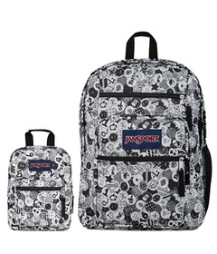 Jansport Big Student Backpack & Break Lunch Bag Doodle Dots Black Bundle