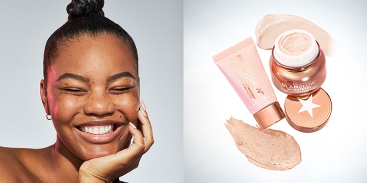 glam glow product with model smiling