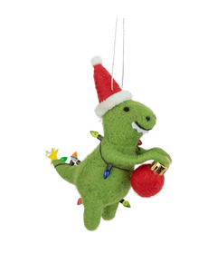Silver Tree Felt Dinosaur Ornament with Santa Hat and Lights