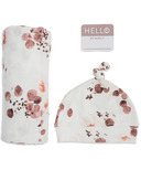 Lulujo Baby Hello World Newborn Hat and Swaddle Blanket Set Eucalyptus