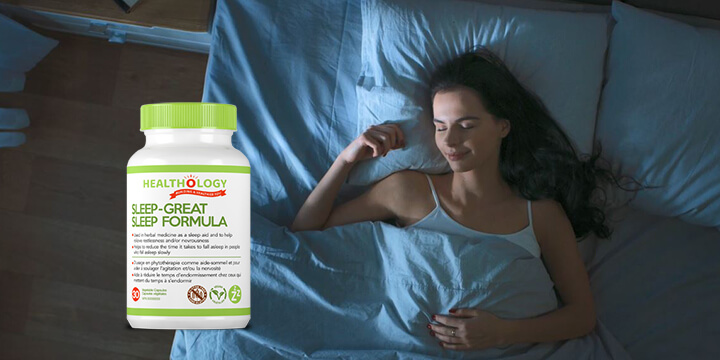 woman sleeping and a bottle of Sleep-Great Sleep Formula product