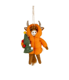 Silver Tree Felt Highland Cow Ornament with Christmas Tree