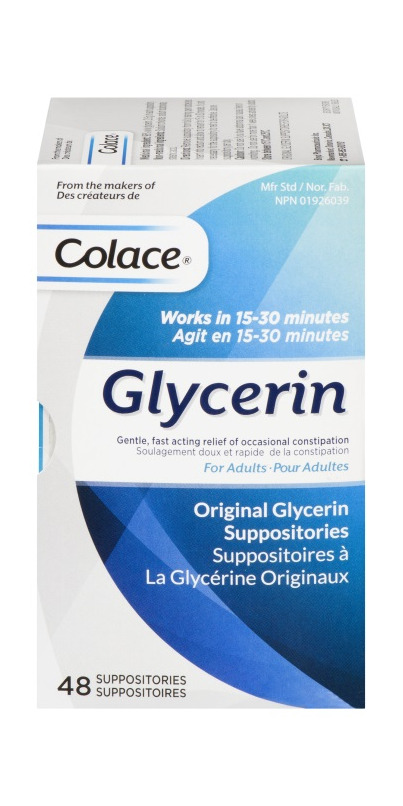 Colace Suppositoires de glycérine – Adulte  Soulagement doux et rapide de  la constipation occasionnelle 24 suppositoires 