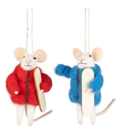 Silver Tree Felt Ornament Mouse Holding Snowboard