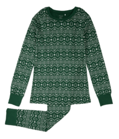 petit lem Women's PJ Set Fair Isle Holiday Trees Print on Dark Green