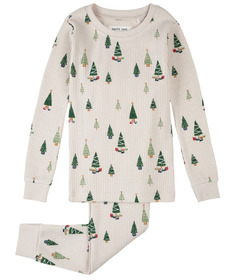 petit lem PJ Set Christmas Tree Print on Creme Beige