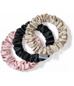 HoneyLux MINI Organic Silk Scrunchie Set Black, Champagne & Pink