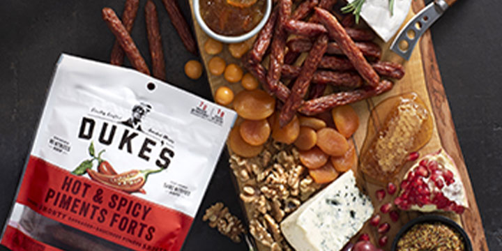 Duke's Hot & Spicy Smoked Shorty Sausages with chacuterie board